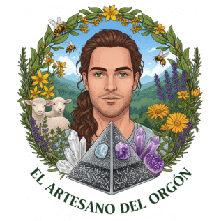 Logo comercial de la marca Artesano del Orgón, una web con precios muy economicos, orgonitas, inciensos, naturales, velas de cera, pirámides, tumba torres.